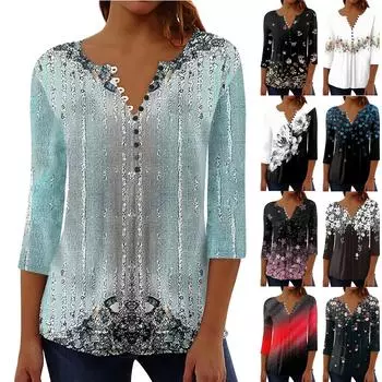 Женская верхняя свободная футболка с рукавом семь четвертей на пуговицах L