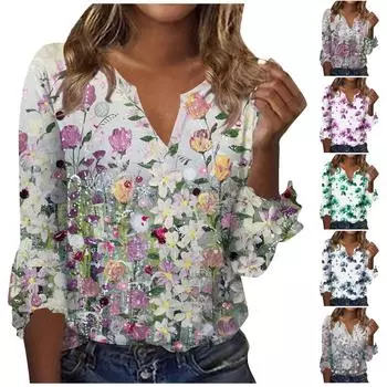 Женская верхняя свободная футболка с v-образным вырезом и рукавом семь четвертей S