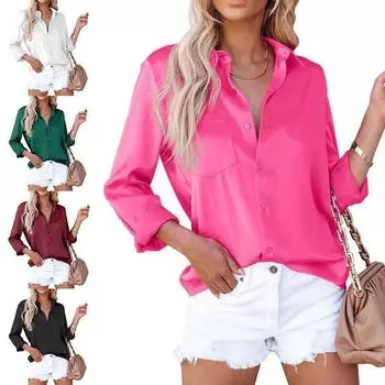 Женская весенне-летняя атласная офисная деловая рубашка с длинными рукавами и v-образным вырезом XXL белый