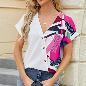 Женская весенне-летняя блузка с v-образным вырезом и геометрическим принтом, рукава реглан, свободная шифоновая рубашка S