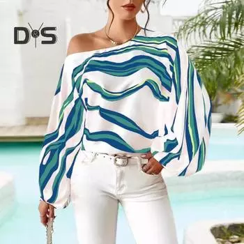 Женская весенне-летняя блузка с вырезом-фонариком, пуловер с длинными рукавами, топы, свободная рубашка в полоску с геометрическим принтом M красный