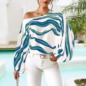 Женская весенне-летняя блузка с вырезом-фонариком, пуловер с длинными рукавами, топы, свободная рубашка в полоску с геометрическим принтом M красный