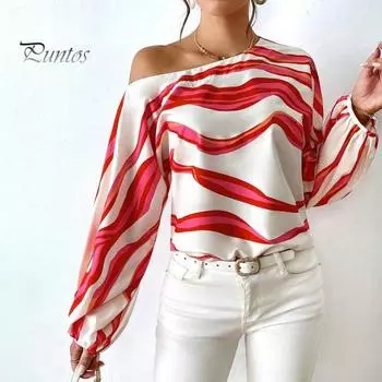 Женская весенне-летняя блузка с вырезом-фонариком, пуловер с длинными рукавами, топы, свободная рубашка в полоску с геометрическим принтом M красный