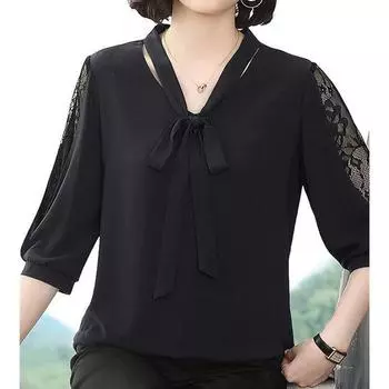 Женская весенне-летняя блузка, верхняя женская повседневная кружевная блузка с кружевным воротником, свободная кружевная блузка с половиной рукава 4XL чёрный