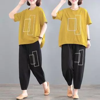 Женская весенне-летняя футболка больших размеров с круглым вырезом и свободными брюками на шнурке, спортивный комплект из двух предметов 4XL