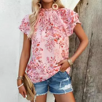 Женская весенне-летняя футболка с высокой талией, двухслойные топы с рукавами, свободный крой, повседневная футболка с цветочным принтом XL белый