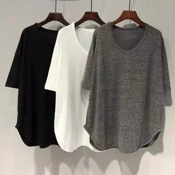 Женская весенне-летняя футболка средней длины со свободным закругленным подолом и короткими рукавами, U-образным вырезом и рукавами «летучая мышь» 3XL белый