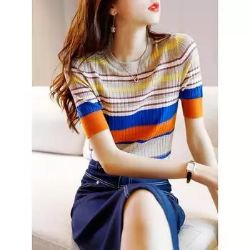 Женская весенне-летняя комбинированная тонкая футболка, тонкая, можно носить снаружи внутрь, трикотажная нижняя часть рубашки 4XL