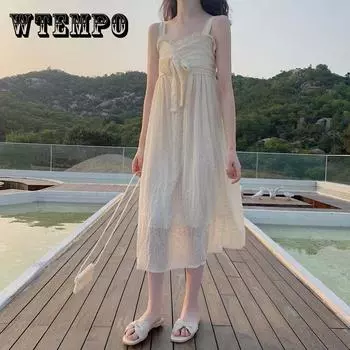 Женская весенне-летняя корейская версия, простое элегантное нежное маленькое свежее длинное кружевное платье с бантом на бретельках L