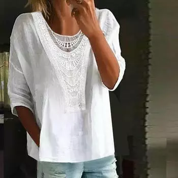 Женская весенне-летняя кружевная футболка с круглым вырезом, однотонная футболка с полым топом L белый