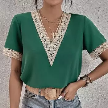 Женская весенне-летняя кружевная свободная рубашка с v-образным вырезом, повседневная и удобная рубашка с короткими рукавами S белый