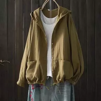 Женская весенне-летняя куртка в стиле ретро, свободная повседневная однотонная тонкая дышащая куртка с капюшоном one size жёлтый