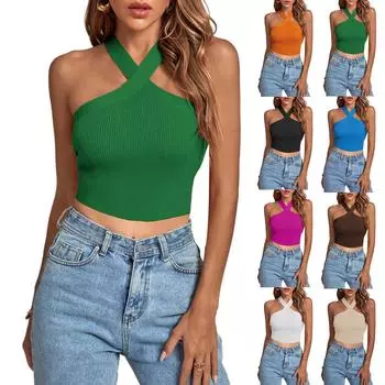 Женская весенне-летняя майка с перекрестными бретелями и открытой спиной, вязаный обтягивающий топ XXL бежевый