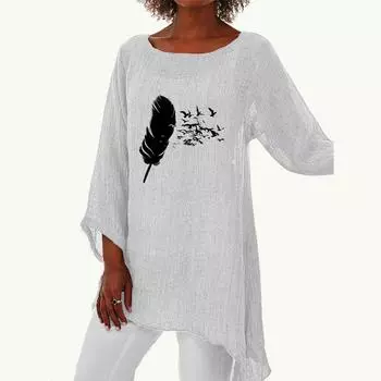 Женская весенне-летняя модная длинная рубашка, женская повседневная тонкая рубашка с длинным рукавом 3/4, свободная рубашка размера плюс с круглым вырезом и принтом S белый