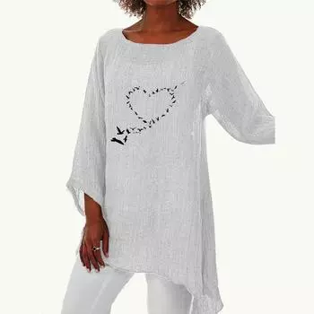 Женская весенне-летняя модная длинная рубашка, женская повседневная тонкая рубашка с длинным рукавом 3/4, свободная рубашка размера плюс с круглым вырезом и принтом S белый