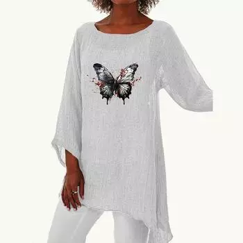 Женская весенне-летняя модная длинная рубашка, женская повседневная тонкая рубашка с длинным рукавом 3/4, свободная рубашка размера плюс с круглым вырезом и принтом S белый