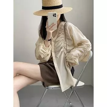 Женская весенне-летняя модная французская плиссированная рубашка с длинными рукавами и v-образным вырезом, легкий и свободный солнцезащитный топ L белый