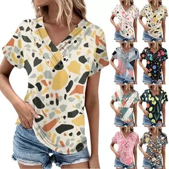 Женская весенне-летняя модная футболка с принтом в стиле ретро, плиссированный топ на пуговицах с v-образным вырезом и короткими рукавами M розовый