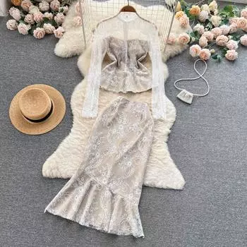 Женская весенне-летняя модная кружевная офисная деловая одежда с воротником-стойкой, ажурная блузка с крючками, рубашка + юбка с запахом «рыбий хвост», комплект из двух предметов S чёрный