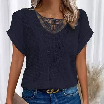 Женская весенне-летняя модная однотонная футболка с короткими рукавами и кружевной строчкой XXL белый