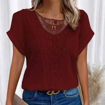 Женская весенне-летняя модная однотонная футболка с короткими рукавами и кружевной строчкой XXL белый