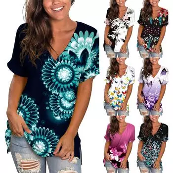 Женская весенне-летняя модная пляжная повседневная свободная футболка с коротким рукавом с принтом, топ XXXXL темно-синий