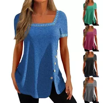 Женская весенне-летняя модная повседневная однотонная свободная футболка с коротким рукавом и круглым вырезом на пуговицах M синий