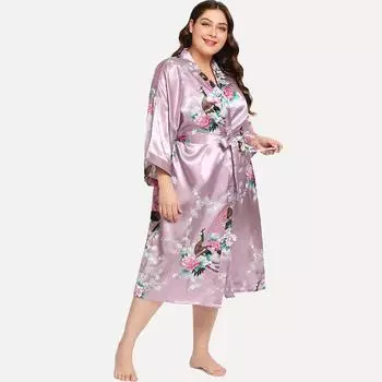 Женская весенне-летняя модная шелковая ночная рубашка с имитацией павлина и пижама, халат со средними рукавами, большая домашняя пижама XXL