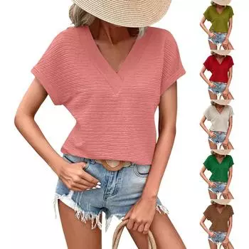 Женская весенне-летняя модная свободная футболка с v-образным вырезом и короткими рукавами