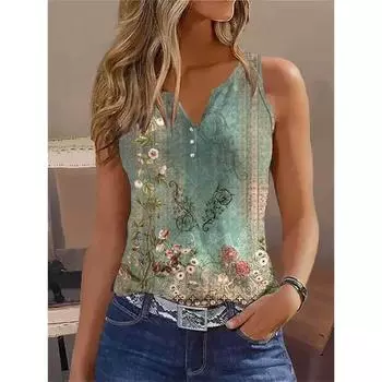 Женская весенне-летняя новая майка с принтом на пуговицах и V-образным вырезом, майка-камисоль S зелёный