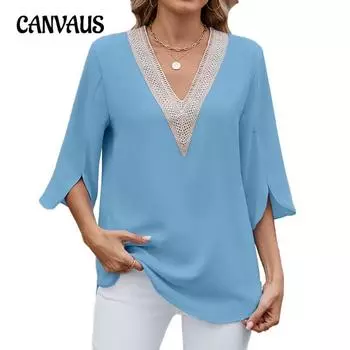 Женская весенне-летняя новая однотонная блузка из шифона с V-образным вырезом и рукавами средней длины S чёрный