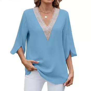 Женская весенне-летняя новая однотонная блузка из шифона с V-образным вырезом и рукавами средней длины S чёрный