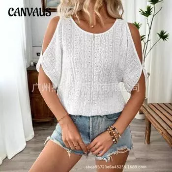 Женская весенне-летняя новая однотонная футболка без бретелек с ажурными рукавами «летучая мышь» S светло-синий