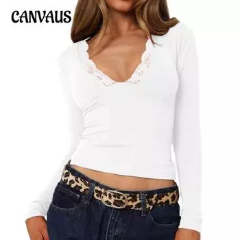 Женская весенне-летняя новая однотонная футболка с V-образным вырезом, кружевные топы с длинными рукавами и отделкой в виде пупка S белый