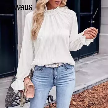 Женская весенне-летняя новая однотонная рубашка свободного кроя с длинными рукавами и воротником-оборкой в пригородном стиле S белый