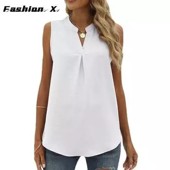 Женская весенне-летняя новая однотонная шифоновая рубашка, свободный пуловер с v-образным вырезом, топы без рукавов S белый