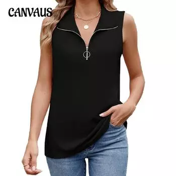 Женская весенне-летняя новая однотонная свободная футболка без рукавов с застежкой-молнией на лацкане S чёрный