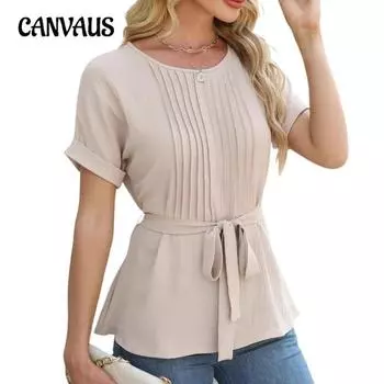 Женская весенне-летняя новая повседневная рубашка с оборками и круглым вырезом, блузка с короткими рукавами, модная S синий