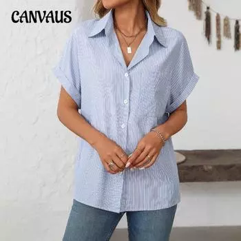 Женская весенне-летняя новая свободная повседневная рубашка в полоску с короткими рукавами и карманами S синий