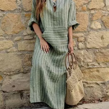 Женская весенне-летняя одежда большого размера, женское хлопковое льняное свободное длинное платье в полоску с карманами M серый