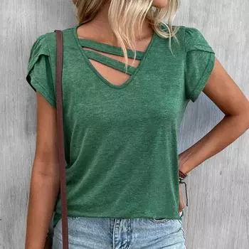 Женская весенне-летняя однотонная блузка с V-образным вырезом, повседневная свободная футболка с рукавами-лепестками S чёрный