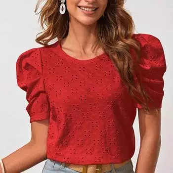 Женская весенне-летняя однотонная футболка с круглым вырезом и рукавами-фонариками S красный