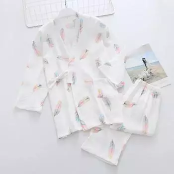 Женская весенне-летняя пижама из двух предметов, брюки с рукавом три четверти, комплект домашней одежды из чистого хлопка и крепового кружева M