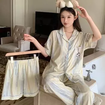 Женская весенне-летняя пижама в стиле Ins, домашняя одежда, комплект из трех предметов, пижама с короткими рукавами для девочек, домашняя одежда, сладкий стиль M