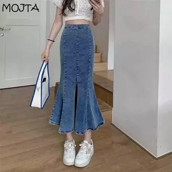 Женская весенне-летняя повседневная эластичная юбка с высокой талией и разрезом «рыбий хвост» Джинсовая юбка на бедрах S чёрный