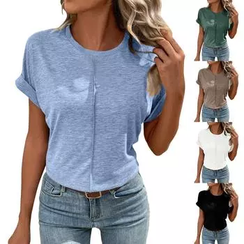 Женская весенне-летняя повседневная однотонная свободная футболка с круглым вырезом и коротким рукавом