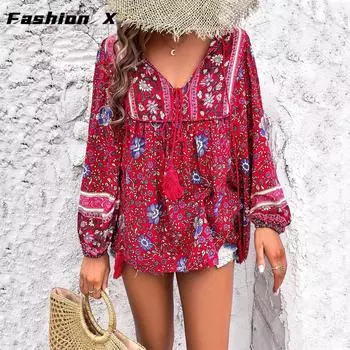 Женская весенне-летняя повседневная рубашка с длинными рукавами и принтом для отдыха в Европе и США S фиолетовый