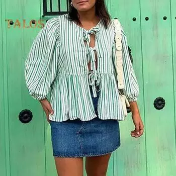 Женская весенне-летняя повседневная рубашка с круглым вырезом, топ с рукавами 3/4 и завязкой спереди, клетчатый принт, свободная рубашка, топы, уличная одежда S