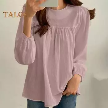 Женская весенне-летняя повседневная рубашка с круглым вырезом и фонариком, пуловер с длинными рукавами, однотонная рубашка свободного покроя, уличная одежда L армия зеленый