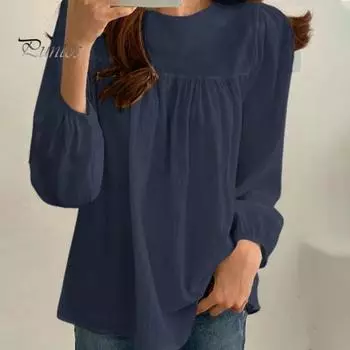 Женская весенне-летняя повседневная рубашка с круглым вырезом и фонариком, пуловер с длинными рукавами, однотонная рубашка свободного покроя, уличная одежда L армия зеленый